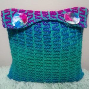 Hand Crafted Knit Throw Pillow Cerulean Blue Magenta Turquoise Green Painte…